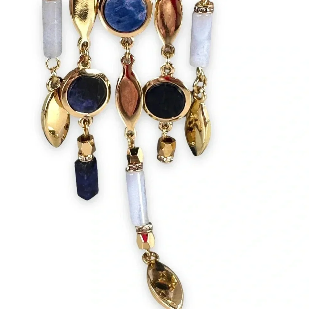 White House Black Market Long Necklace Dangle Fringe Gold Blue Adjustabl…